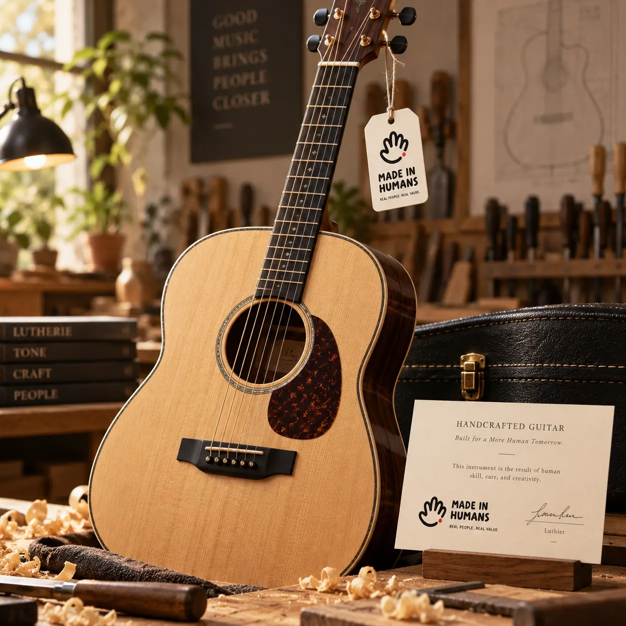 Ejemplo de insignia MiHumans aplicada en una guitarra de luthier
